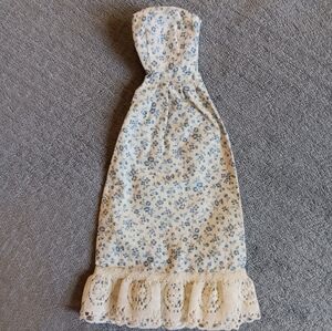 Fits Barbie Vintage Simple Prairie Dress, White & Blue Flowers, 70s 80s Handmade